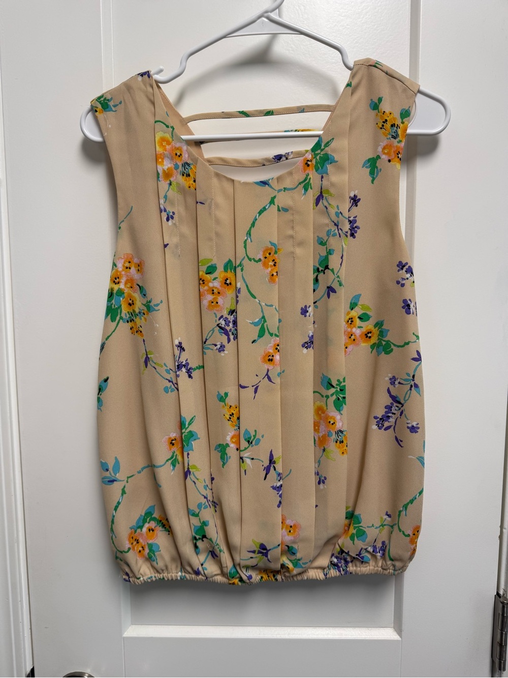 Meadow Rue Beige Floral Pleated Tank with Yellow & Purple Accents